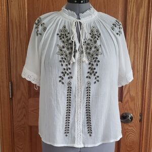 Catherine Malandrino White Olive Embroidered Short Sleeve Blouse Sz.L NWT